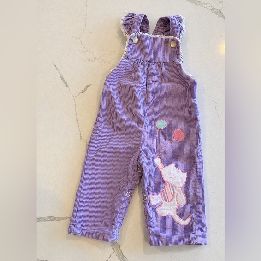 Vintage lavender Corduroy Kids Overalls with Cats & balloons